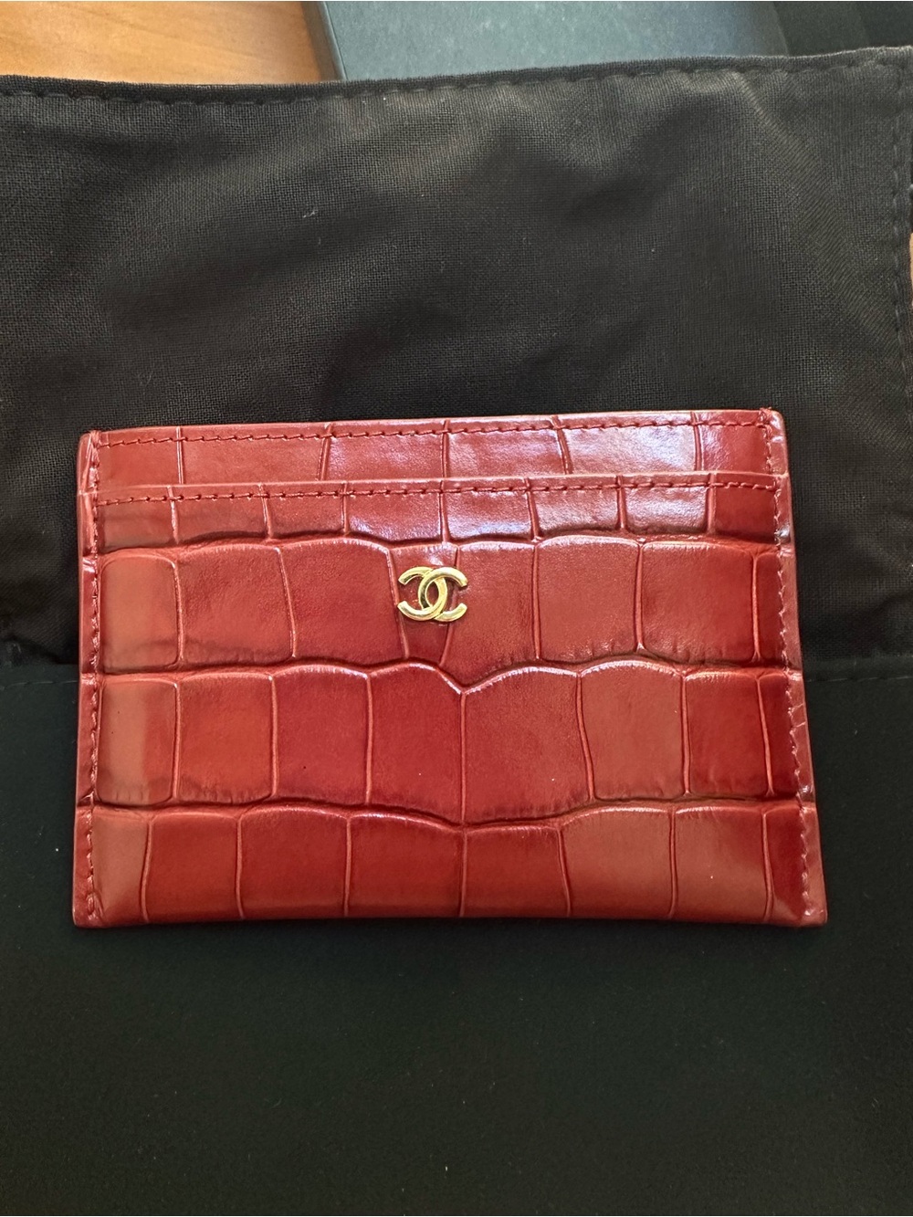 Chanel Card Case Burgundy Croc Embossed
